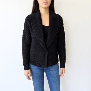 360Sweater Black Chunky Knit Cardigan Sweater Crop Shawl Neck Small Cotton